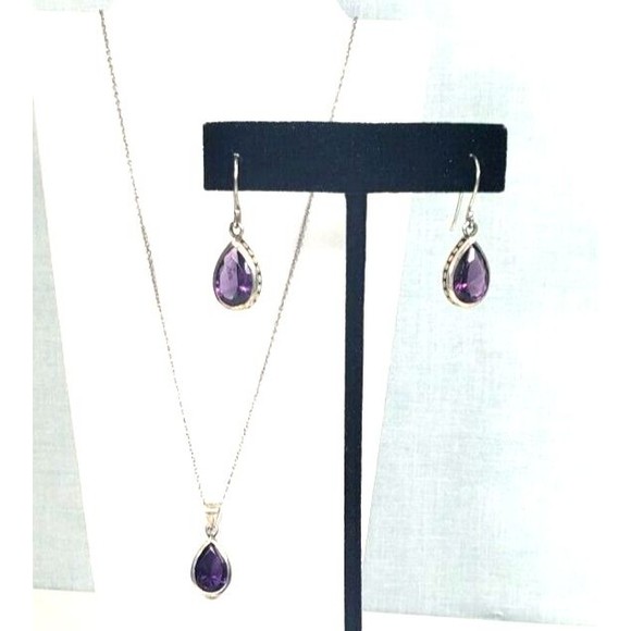 Vintage Sterling Silver 925 Amythist Teardrop Pendant Matching Earrings with 18" - Picture 4 of 12